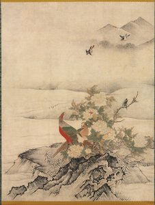 1500年代春天风景中的花鸟。