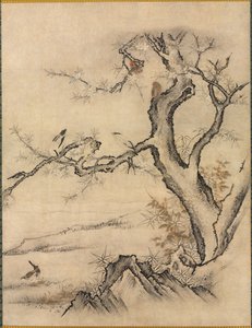 1500年代春天风景中的花鸟。