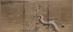 与李子树和野鸡鸟离开的冬天场面，1600年代初期。