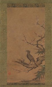 梅花枝上的棕耳鹎Hiyodori，16世纪中叶至晚期。