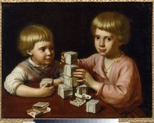 孩子们玩耍。 两兄弟用扑克牌制作了立方体，将它们堆放在桌子上。 卡皮顿·斯捷潘诺维奇·巴甫洛夫 (Kapiton Stepanovich Pavlov, 1792-1852) 的绘画，布面油画 作者 斯捷潘诺维奇·巴甫洛夫船长