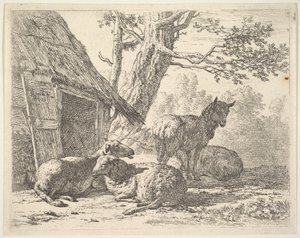 1658年，四只羊，另一只羊站在地上，旁边是三只羊，旁边有一个棚子。
