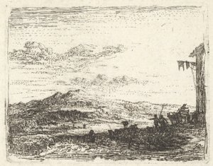 景观与建筑物和遮阳篷的角落在最右边，两个数字和一匹马...，约。 1641-78。