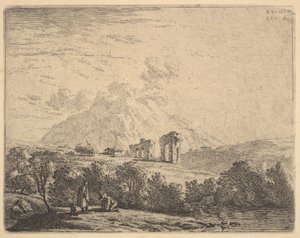 1658年，山坡上的景色与废墟以外的渡槽和山崖，在前景中。 作者 卡雷尔·杜·贾丁（Karel Du Jardin）