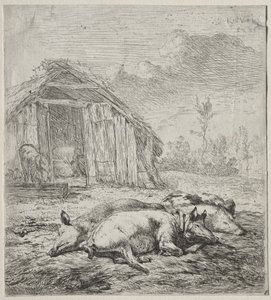 三头猪躺在栅栏前 作者 卡雷尔·杜哈丁（Karel Dujardin）