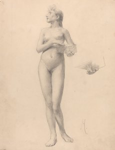 站立的裸体女人抱着一个箱子