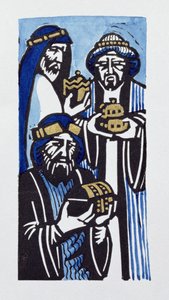 三王，1998年（linocut和wc在纸上） 作者 凯伦·凯特（Karen Cater）
