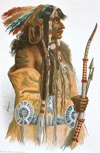 一个曼丹印第安人，约1833-34年（彩色平版印刷）。