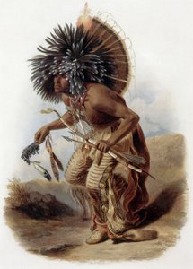 身着狗舞服装的米纳塔雷勇士佩赫里斯卡-鲁帕（Pehriska-Ruhpa）的肖像，头戴彩衣和羽毛大帽，手持用天鹅翼骨制成的烟斗和弓箭，由雷内-贝莱根据卡尔-博德默在考察期间绘制的图画雕刻而成。