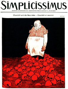 德国杂志《Simplicissimus》（约）的封面描绘了丘吉尔以及一条血河和骷髅头。 约 1940 年（石版画）