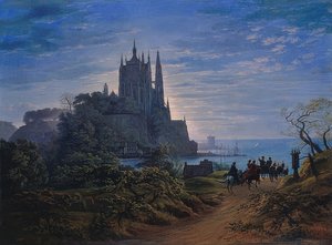 一个岩石的哥特式教会在海边。 1815年
