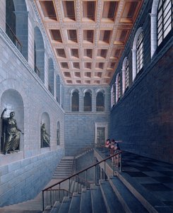 楼梯的内部视图，一个城堡的设计在Koestritz，1802-03（笔和墨水和bc在纸上） 作者 卡尔·弗里德里希·辛克尔