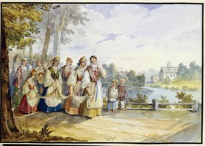身着节日盛装的俄罗斯农家少女。卡尔-伊万诺维奇-科尔曼（1786-1846 年）的作品，纸板水彩画