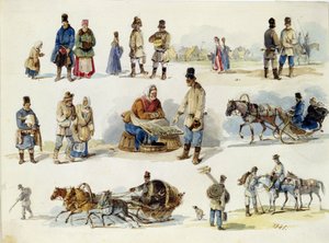 俄罗斯的民俗风情卡尔-伊万诺维奇-科尔曼（1786-1846 年）的作品，纸板水彩画