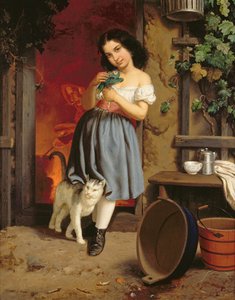 一只年轻的女孩与一只猫，1866年在画布上的油 作者 卡尔·纳尔