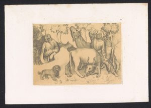 Paulus van Thebe bekijkt man met twee ossen
十五世纪荷兰绘画大师的素描和研究作品。根据保存在柏林皇家图书馆的原作绘制（系列名称） 作者 普鲁伊斯韦滕沙彭学院