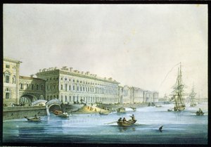圣彼得堡宫殿堤岸景观。卡尔-彼得洛维奇-别格罗夫（1799-1875 年）的作品。纸面水彩和墨水，约 1830 年，19 世纪俄罗斯艺术，古典主义。俄罗斯国家博物馆，圣彼得堡 作者 卡尔·帕夫洛维奇·贝格罗夫