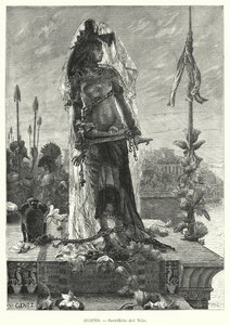 在古埃及向尼罗河献祭处女（石版画）。