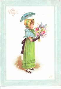 儿童维多利亚女王时代的贺卡在花式服装跳舞，c.1880