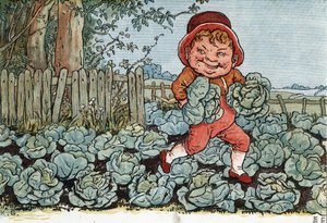 一个地精从菜园子里偷了卷心菜。(A Goblin Stealing Cabbages)。凯特-格林纳威（1846-1901）的插图，出自埃德蒙-埃文斯编辑的儿童故事和童谣书《窗下》（1879）。