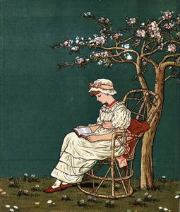 一个小女孩在丁香花下读书。凯特-格林纳威（1846-1901）的插图，出自埃德蒙-埃文斯编辑的儿童故事和童谣书《窗下》（1879）。