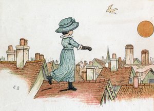 一个小女孩清晨在城市的屋顶上向太阳走去。凯特-格林纳威（1846-1901）的插图，出自埃德蒙-埃文斯编辑的儿童故事和童谣书《窗下》（1879）。 作者 凯特·格林威（Kate Greenaway）