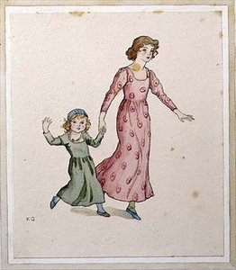 两个穿宴会裙的小女孩（纸上水彩画） 作者 凯特·格林威（Kate Greenaway）