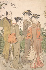 三个女人在一个男仆的陪同下的组合，1780-1795。 作者 胜川俊町