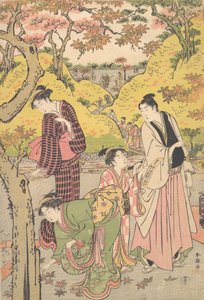 一个年轻人，两个年轻女人和一个女孩在野餐聚会，约1789年。 作者 胜川俊町