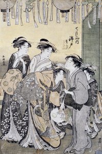 来自Chojiya茶馆的歌妓Nishikido被她的女士们包围着，18世纪末，浮世绘艺术印刷品，由Katsukawa Shuncho（活跃于1780-1800年），Oban-tate-e木刻，37x26厘米，日本文明，详细信息 作者 胜川俊町