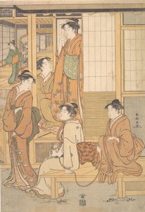茶馆长廊上的年轻妇女群，18世纪末。 作者 胜川俊町