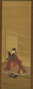室内：一个女孩和一只小猫，江户时期，18世纪末。 作者 胜川俊町