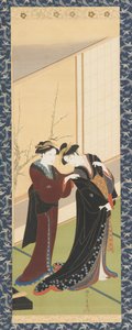 内部：一个女人帮助一个女孩穿衣服，江户时期，1726-1792。