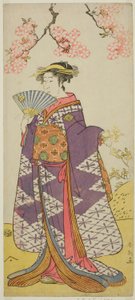 1791 年 3 月在川崎剧场上演的《初绿西外曾我》中饰演白菊夫人灵魂的演员市川驹藏二世 作者 胜川俊英