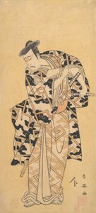 演员Ichikawa Yaozo III扮演身穿雷袍的Fuwa Banzaemon，拿着扇子玩耍，1794年。