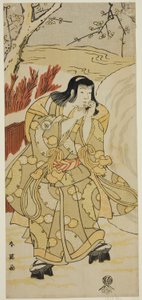 1793 年 11 月在川崎剧场演出的话剧《尼吉瓦伊源氏花朔卡多》中饰演在大雪球旁用手吹雪的男孩的演员岩井半四郎 作者 胜川俊英