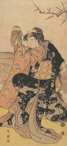 第四幅岩井半四郎扮演的女子手持水晶球，在......的岸边跳舞，约1788年。 作者 胜川俊英