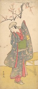 约1790年，第四代岩井半四郎作为一个年轻女孩站在木制长椅旁 作者 胜川俊英
