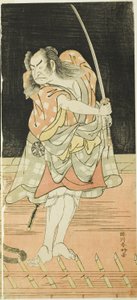 夏日祭典中的大阪之镜》（"Natsu Matsuri Naniwa Kagami"）中饰演黑兵丹七的演员 Nakamura Nakazô I 和饰演德兵一尊的演员 Ichikawa Danjûrô V。 作者 胜川俊康®̄