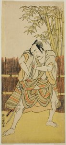 1780 年 11 月在市村剧场演出的《高松雪之白畑》（Mure Takamatsu Yuki no Shirahata）中饰演绪方三郎（Ogata no Saburo）的万户光五郎（Bando Mitsugoro I）乔装成赖屋泷右卫门（Yoroya Takiemon）。 作者 胜川俊康®̄