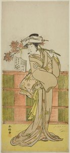 1781 年 11 月在市村剧场演出的剧目《Mukashi Otoko Yuki no Hinagata》中饰演伪装成女算命师 Omatsu 的梅前的演员岩井半四郎（Iwai Hanshiro IV 作者 胜川俊康®̄