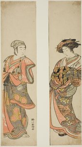 1779 年 11 月在市村剧场上演的话剧《东之森坂前草之木》中，饰演歌妓的演员中村富十郎一世（右）和假扮成大山村太郎的泽村宗十郎三世（左）。 作者 胜川俊康®̄