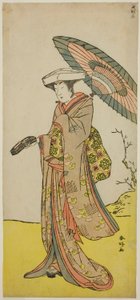 1785 年 11 月在中村剧场演出的《雪元取富丽源氏》中饰演伪装成穗积夫人（穗积御前）的钦斋八郎玉友的演员中山小十郎六世 作者 胜川俊康®̄