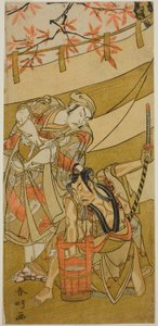 1774 年 11 月在中村剧场演出的戏剧《Kaomise Ama no Iwato》中饰演小次郎正平的演员市川雷藏二世（右）和饰演土井之弥太郎的演员市川团藏四世（左 作者 胜川俊康®̄
