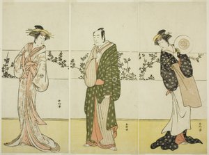 演员大佐川常代二世（右）、市川门之助二世（中）和濑川菊之条三世（左），可能在话剧《千代之初》中饰演御前美佐、松屋宗七和博多歌妓小十郎：翁户 作者 胜川俊康®̄