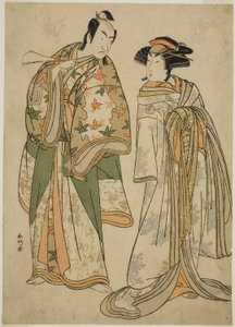 1784 年 11 月在 Kiri 剧场演出的戏剧《Juni-hitoe Komachi-zakura》中饰演歌妓 Sumizome（右）的演员 Segawa Kikunojo III 和饰演 Goinosuke Yoshimine（左）的 Ichikawa Monnosuke II 作者 胜川俊康®̄