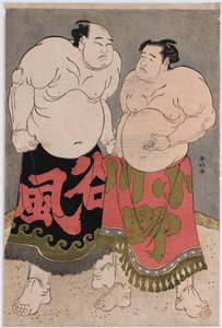 右图为小野川喜三郎摔跤手的全长肖像，左图为谷崎佳之助的全长肖像