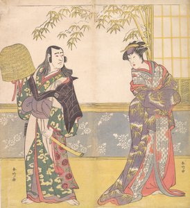 歌舞伎演员泽村宗九郎三世和佐野川一松三世在《花魁的镜子》中，1788年。