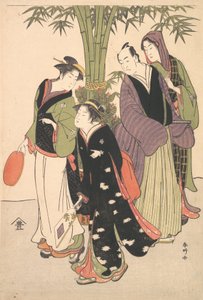 歌舞伎演员濑川菊之助三世和市川门之助二世以及两名歌妓庆祝......，约1790年代。