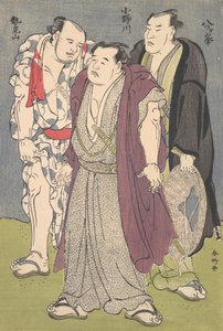 三个相扑运动员：小野川、清美山和Yatsugamine，约1790年代。